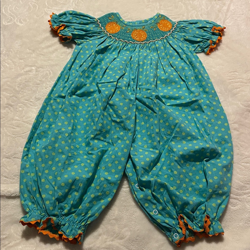 Smocked Auctions Smocked Pumpkin Polka Dot Long Bubble Romper 9 Months
